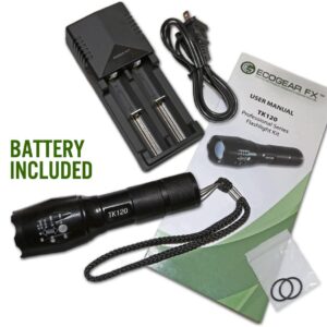 EcoGear FX Complete LED Tactical Flashlight Kit TK120 Flashlight with Rechargeable Battery: High Lumens with 5 Light Modes, Water Resistant, Adjustable Focus Zoom