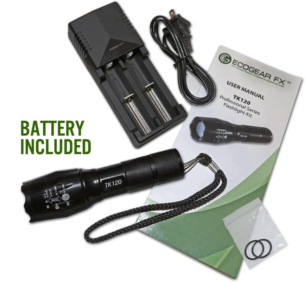 EcoGear FX Complete LED Tactical Flashlight Kit TK120 Flashlight with Rechargeable Battery: High Lumens with 5 Light Modes, Water Resistant, Adjustable Focus Zoom