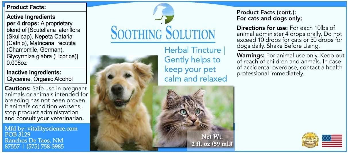 Vitality Science Soothing Solution Herbal Tincture for Cats & Dogs | Keeps Your Pet Calm & Relaxed | Gentle Sleep Aid | for Anxiety & Emotional Distress | Soothes Hyper-Activity | 100% Safe & Natural