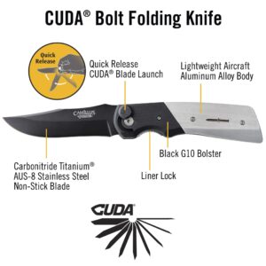 Camillus Cuda Bolt Carbonitride Titanium Folding Knife with Aluminum Body, G10 Bolster, 3.75-Inch Blade, Folding Knife, Everyday Knife, Camping tools, Black/Silver (19080)