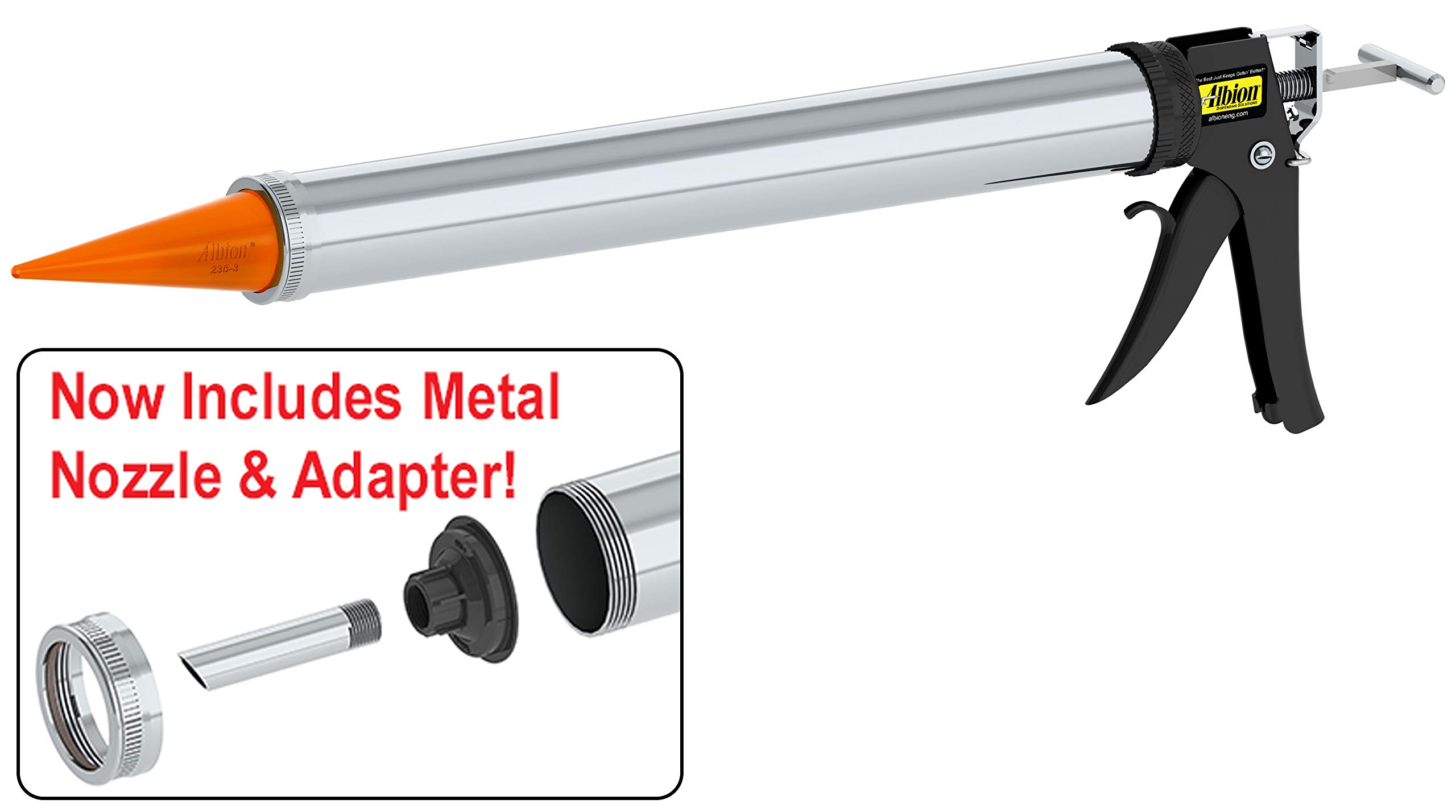 Albion Engineering Company DL-59-T17 Professional Line Special Deluxe Manual Bulk Caulking Gun with Metal Nozzle, Metal Adapter & 3 Orange Cone Nozzles, 30 oz