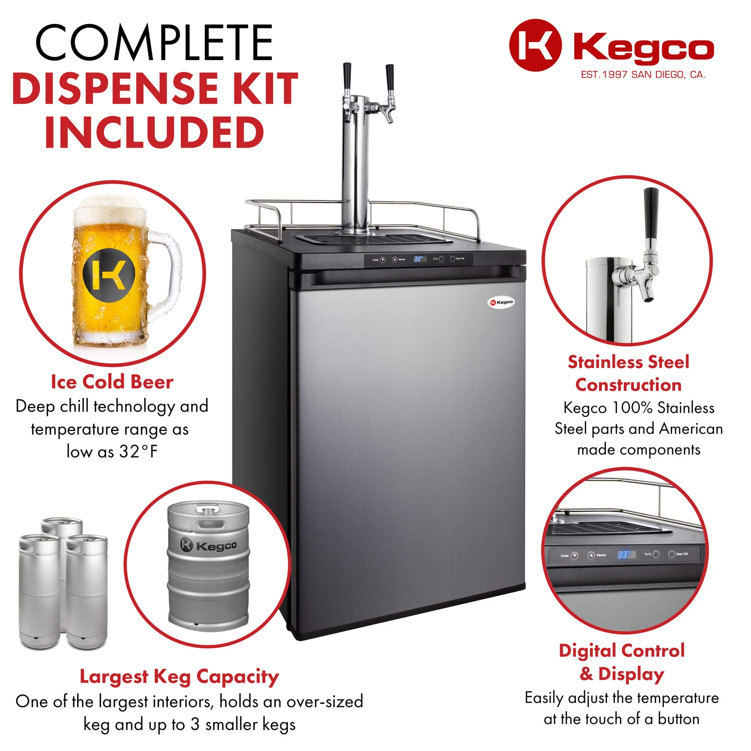 Kegco K309SS-2 24" Wide Homebrew Dual Tap Stainless Steel Digital Kegerator