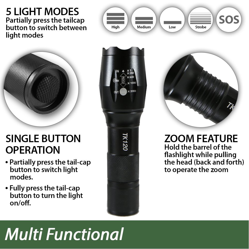 EcoGear FX Complete LED Tactical Flashlight Kit TK120 Flashlight with Rechargeable Battery: High Lumens with 5 Light Modes, Water Resistant, Adjustable Focus Zoom