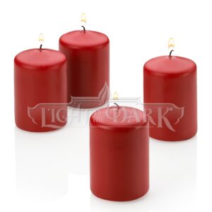 red pillar candles - set of 4 unscented candles - 3 inch tall, 2 inch thick - 18 hour clean burn time