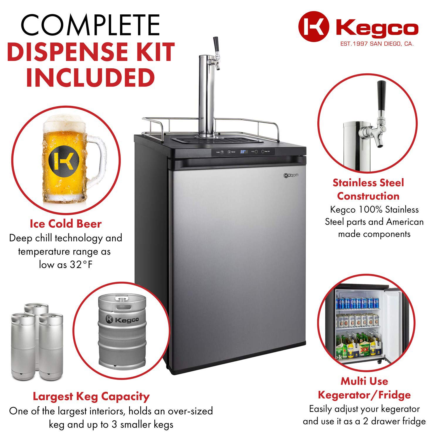 Kegco K309SS-1 Keg Dispenser, Stainless Steel