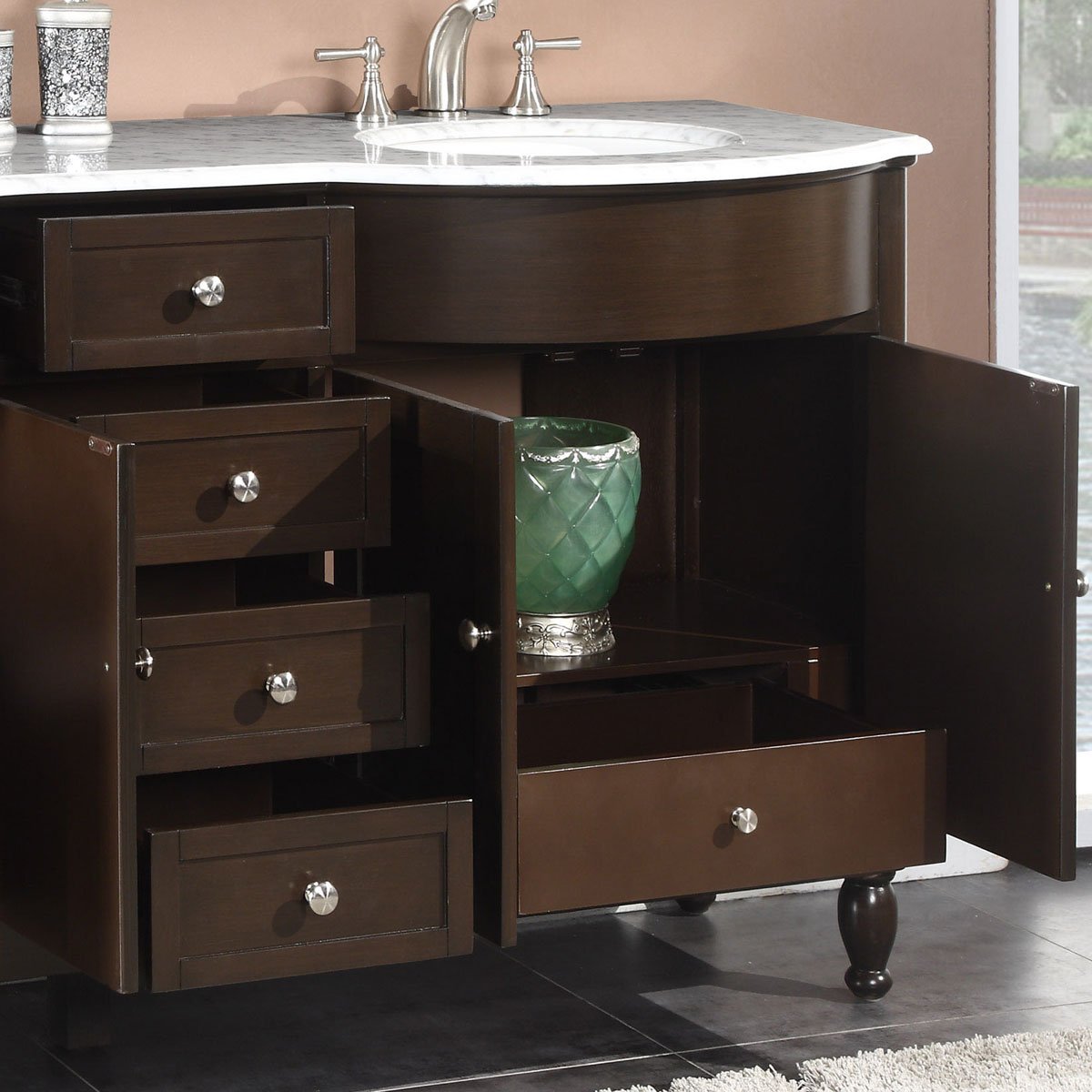 Silkroad Exclusive HYP-0717-WM-UWC-72 Marble Top Double Sink Bathroom Vanity with Dark Walnut Finish Cabinet, 72", Dark Wood