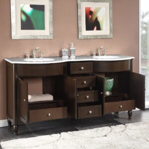 Silkroad Exclusive HYP-0717-WM-UWC-72 Marble Top Double Sink Bathroom Vanity with Dark Walnut Finish Cabinet, 72", Dark Wood