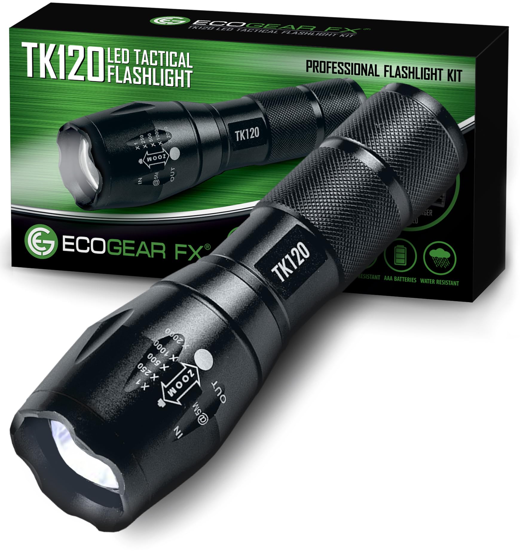 EcoGear FX Complete LED Tactical Flashlight Kit TK120 Flashlight with Rechargeable Battery: High Lumens with 5 Light Modes, Water Resistant, Adjustable Focus Zoom