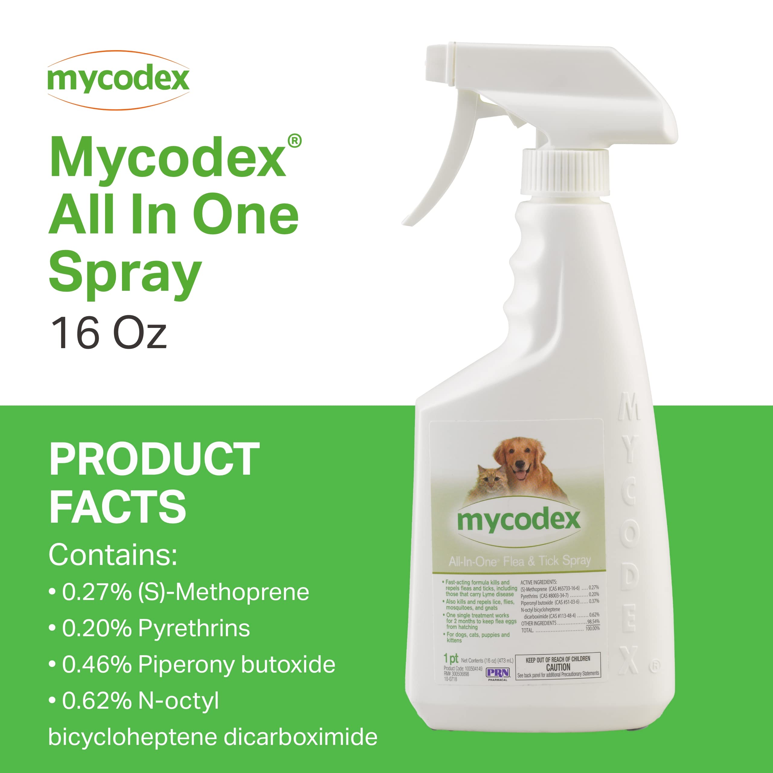 PRN Pharmacal Mycodex All-in-One Flea and Tick Spray for Parasites of Dogs and Cats - Controls Fleas, Ticks, Lice, Mosquitoes, Gnats, Flies, and Flea Larvae - 16 Oz