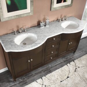 Silkroad Exclusive HYP-0717-WM-UWC-72 Marble Top Double Sink Bathroom Vanity with Dark Walnut Finish Cabinet, 72", Dark Wood