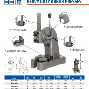 HHIP ABS Import 8600-0032 Heavy Duty Arbor Press, 1 Ton Capacity, 13" Height (Pack of 1)