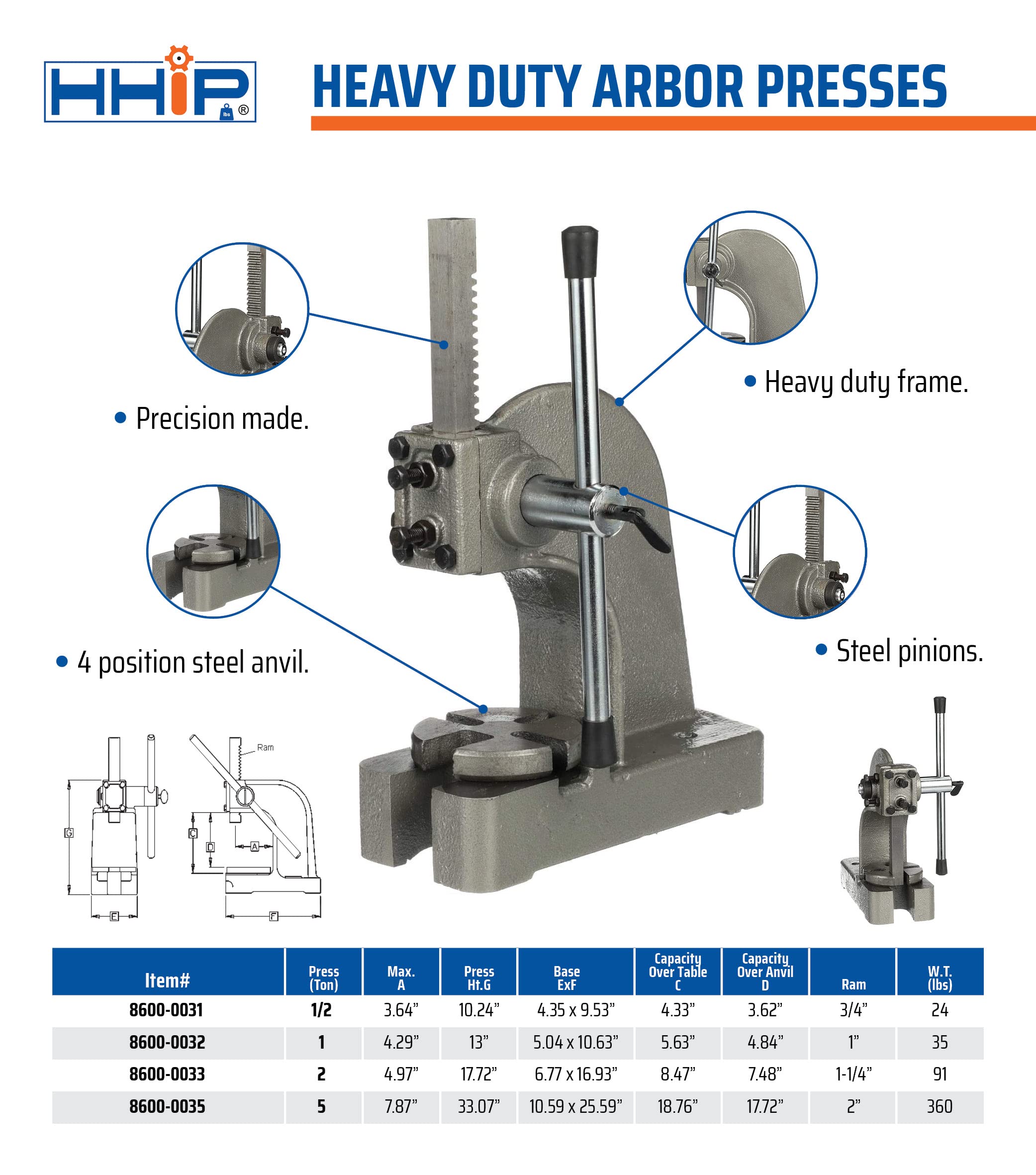 HHIP ABS Import 8600-0032 Heavy Duty Arbor Press, 1 Ton Capacity, 13" Height (Pack of 1)