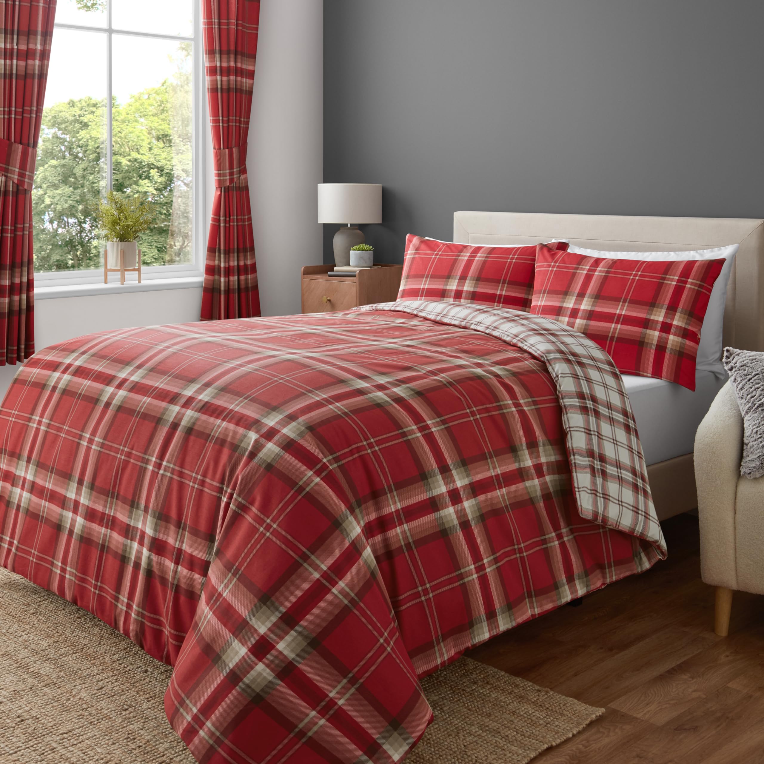 EDINBURGH FULL RED TARTAN PLAID REVERSIBLE COTTON DUVET SET QUILT COVER