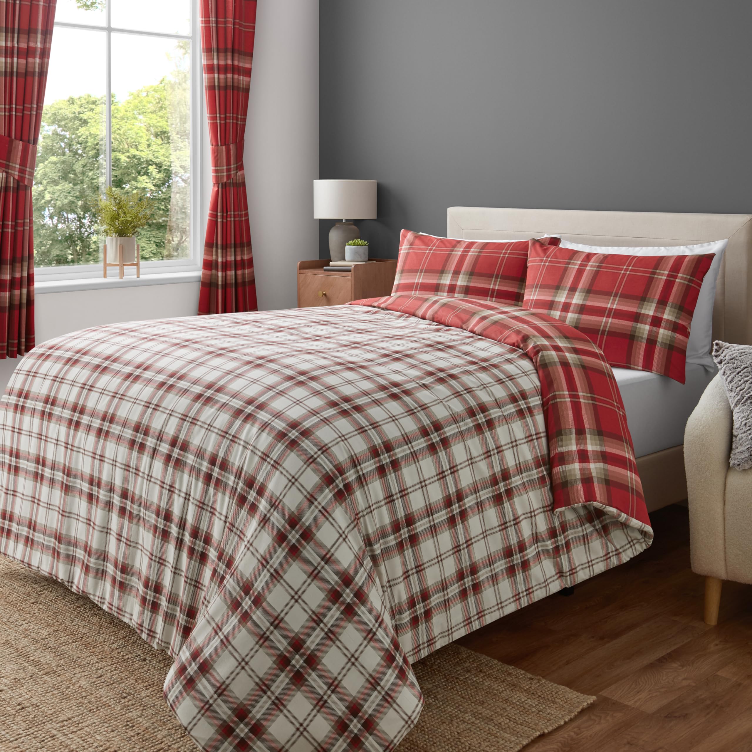 EDINBURGH FULL RED TARTAN PLAID REVERSIBLE COTTON DUVET SET QUILT COVER