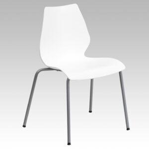 Flash Furniture HERCULES Series 770 lb. Capacity White Stack Chair with Lumbar Support and Silver Frame