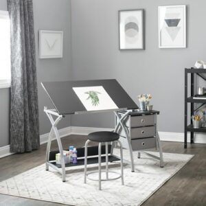 SD STUDIO DESIGNS 2 Piece Comet Craft Table | Angle Adjustable Top and Stool | Silver/Black