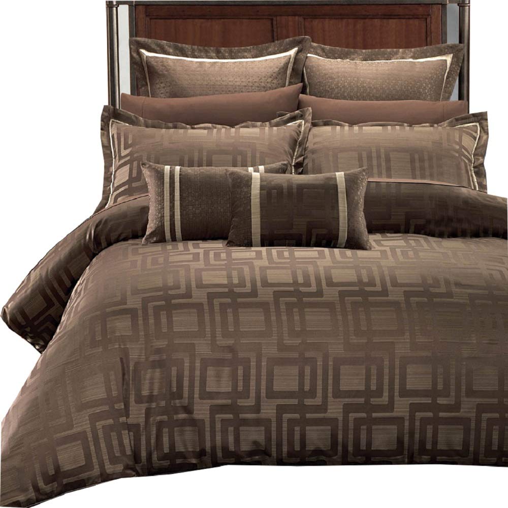 sheetsnthings Janet Jacquard 12PC Queen Size Bed in a Bag (Duvet Cover Set with Bed Sheets) Multi-Tone of Charcoal Brown and Beige