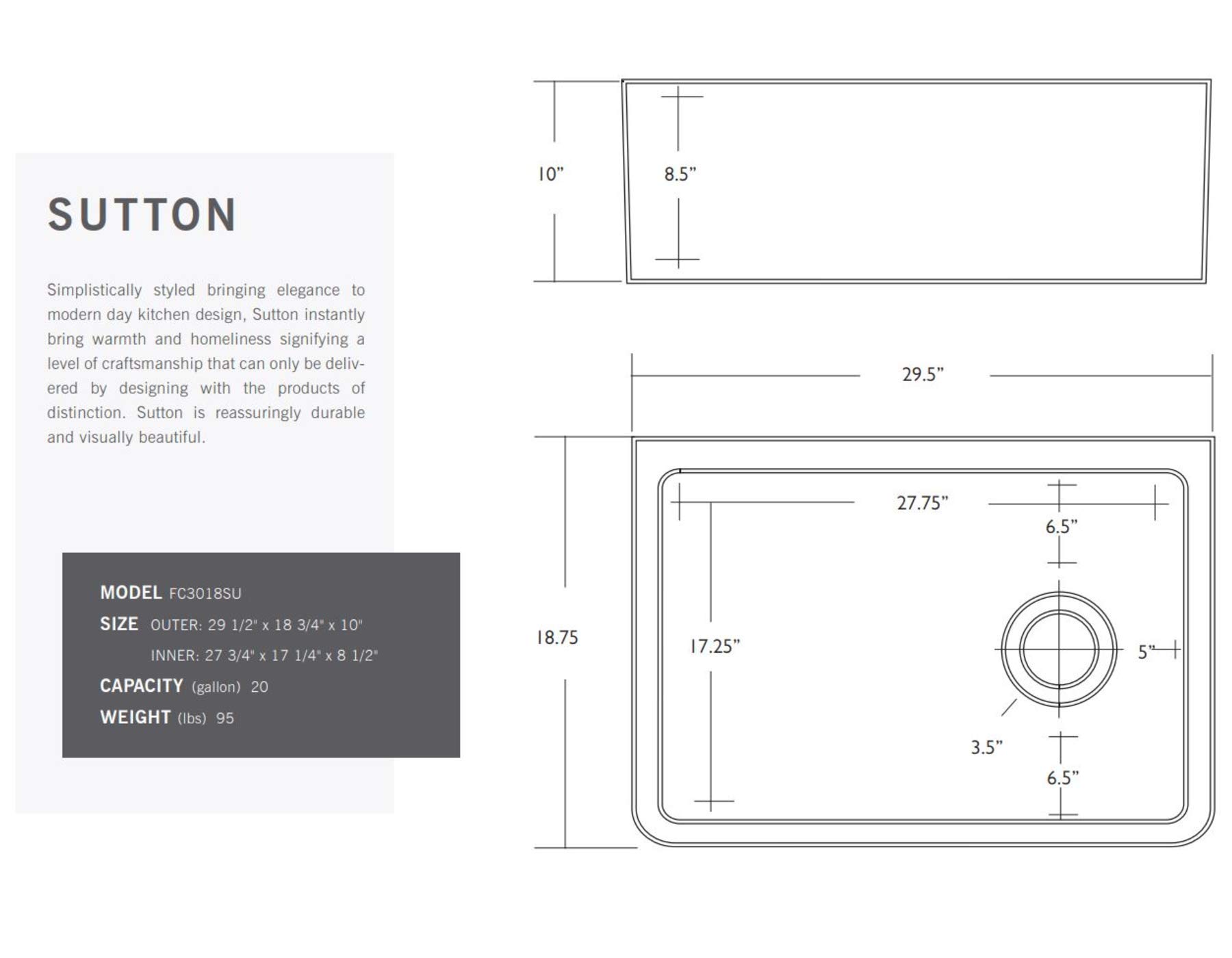 Fine fixtures Sutton Fireclay sink, 30" Apron Front Farmhouse Kitchen Sink. Solid (Not Hollow)