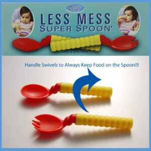 Less Mess Super Spoon & Spork Set | Self Leveling Swivel Spoon and Spork with Rotating Handle | Teach Baby and Toddler to Learn to Self-Feed | Less Mess SuperSpoon