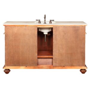 Silkroad Exclusive FS-0268-CM-UWC-60 Creamy Marble Stone Single Sink Bathroom Vanity with Furniture Cabinet, 60", Medium Wood