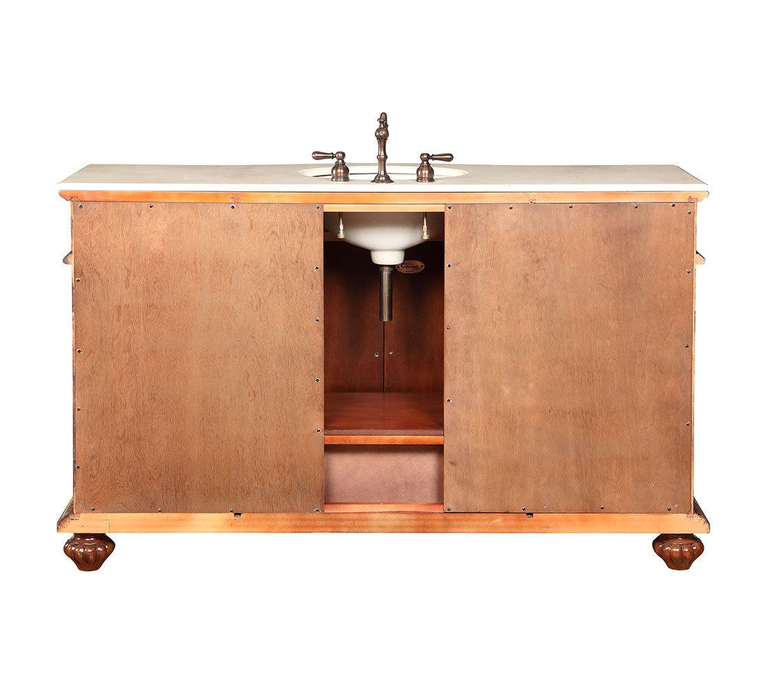 Silkroad Exclusive FS-0268-CM-UWC-60 Creamy Marble Stone Single Sink Bathroom Vanity with Furniture Cabinet, 60", Medium Wood