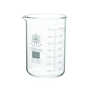 united scientific™ bg1000-1500 borosilicate laboratory grade glass beakers| griffin style low form beaker | graduated with spout | designed for laboratories & chemistry classrooms| 1500ml pack of 4