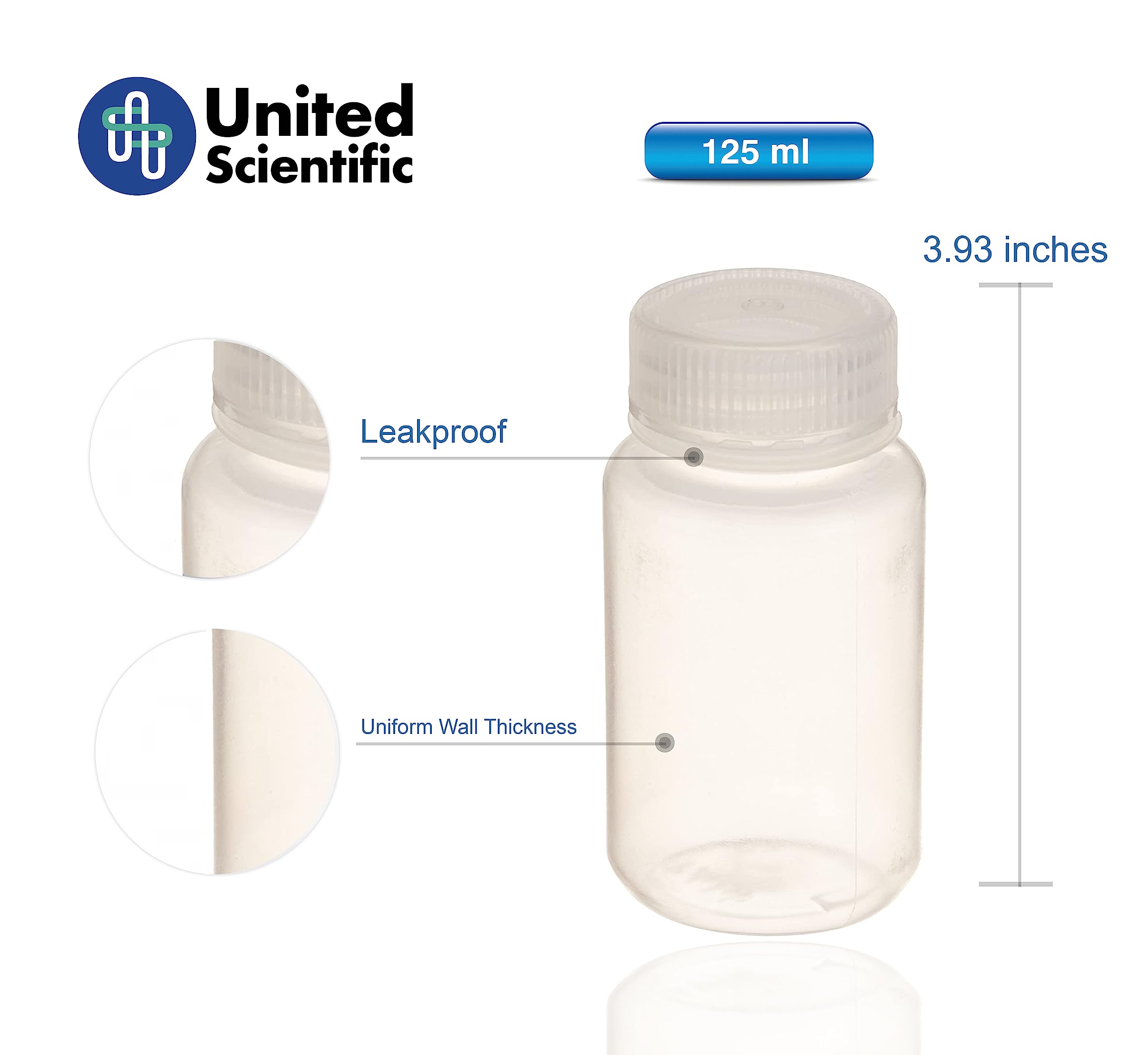 United Scientific® Unistore™ 33307 | Laboratory Grade Polypropylene Wide Mouth Reagent Bottle | Designed for Laboratories, Classrooms, or Storage at Home | 125mL (4oz) Capacity | Pack of 12, Clear