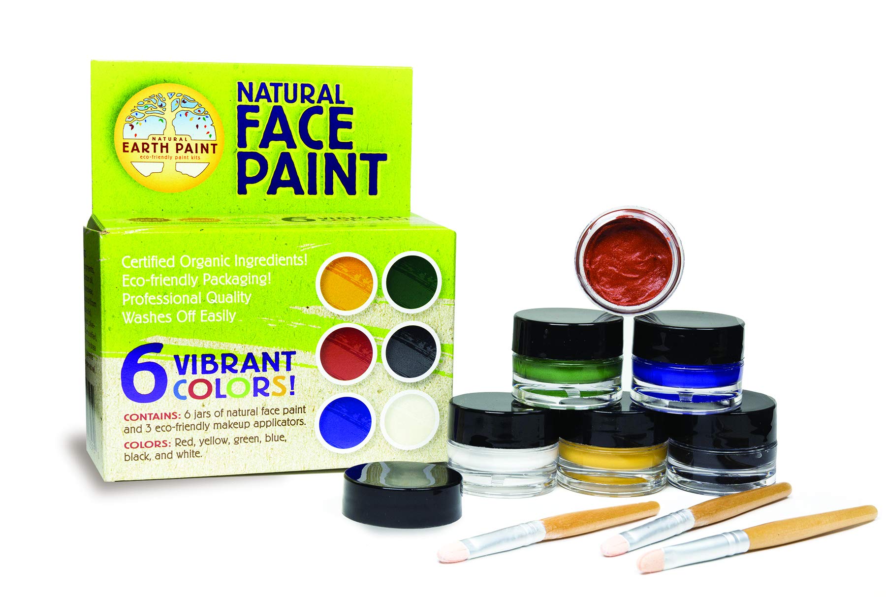 Natural Earth Paint's | Natural Face Paint Kit | 6 Colors | 3 Bamboo Makeup Applicators | Certified Organic Ingredients | Professional Quality | Washes Off Easily