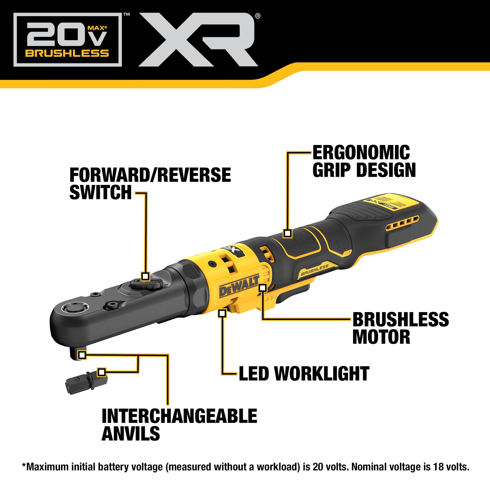 DEWALT 20V MAX XR Cordless Ratchet, 3/8" and 1/2" Sealed Head Ratchet, Bare Tool Only (DCF510B)