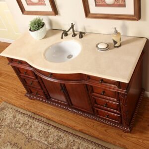 Silkroad Exclusive FS-0268-CM-UWC-60 Creamy Marble Stone Single Sink Bathroom Vanity with Furniture Cabinet, 60", Medium Wood