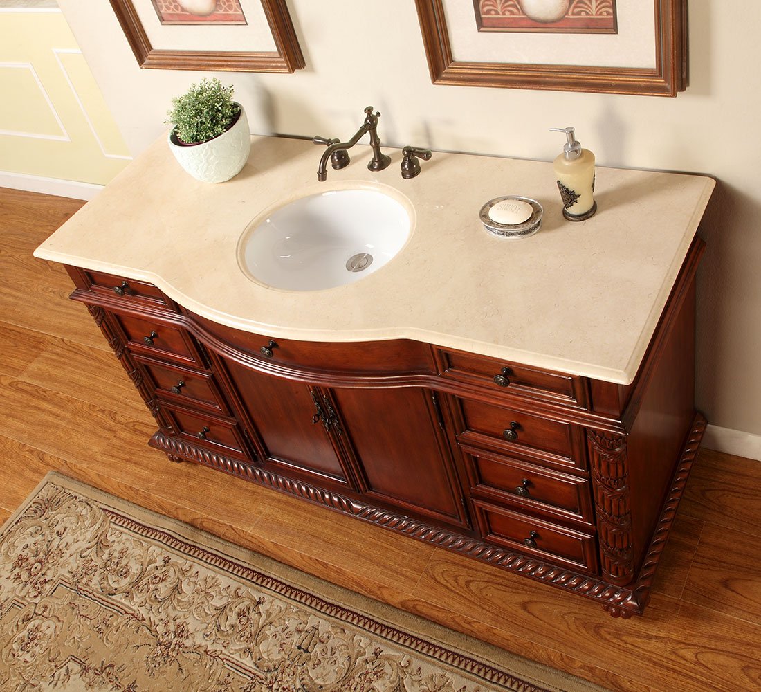 Silkroad Exclusive FS-0268-CM-UWC-60 Creamy Marble Stone Single Sink Bathroom Vanity with Furniture Cabinet, 60", Medium Wood