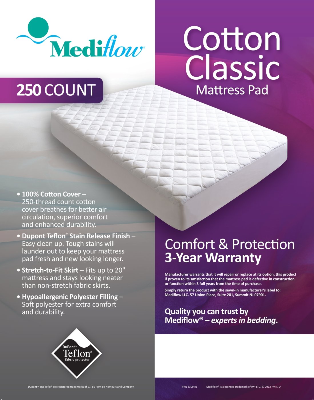 Mediflow Cotton Classic 54 by 75-Inch Mattress Pad, Full, White