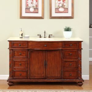 Silkroad Exclusive FS-0268-CM-UWC-60 Creamy Marble Stone Single Sink Bathroom Vanity with Furniture Cabinet, 60", Medium Wood