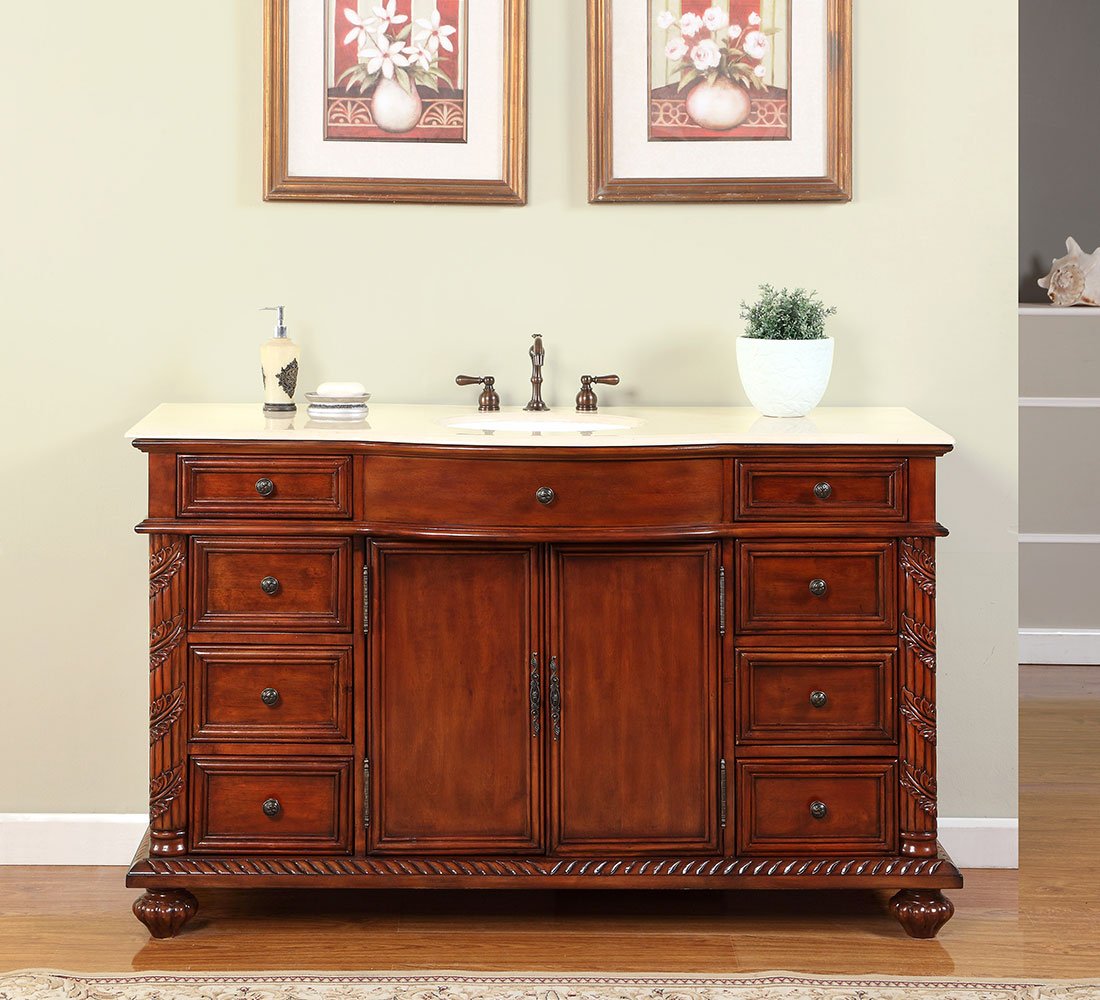 Silkroad Exclusive FS-0268-CM-UWC-60 Creamy Marble Stone Single Sink Bathroom Vanity with Furniture Cabinet, 60", Medium Wood