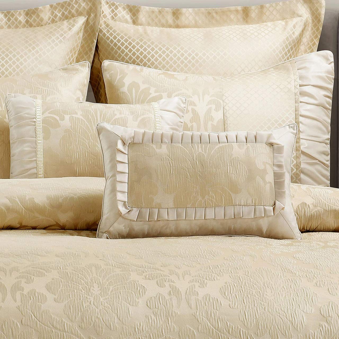 sheetsnthings Jacquard Queen Size Comforter Set- 12PC Bed in a Bag Includes Sara (Beige) Duvet Cover Set, Down Alternative Comforter, Bed Sheets