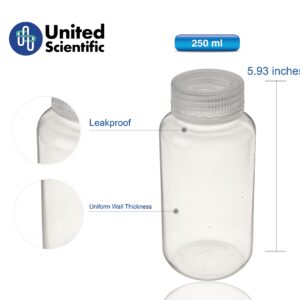 United Scientific® Unistore™ 33308 | Laboratory Grade Polypropylene Wide Mouth Reagent Bottle | Designed for Laboratories, Classrooms, or Storage at Home | 250ml (8oz) Capacity | Pack of 12