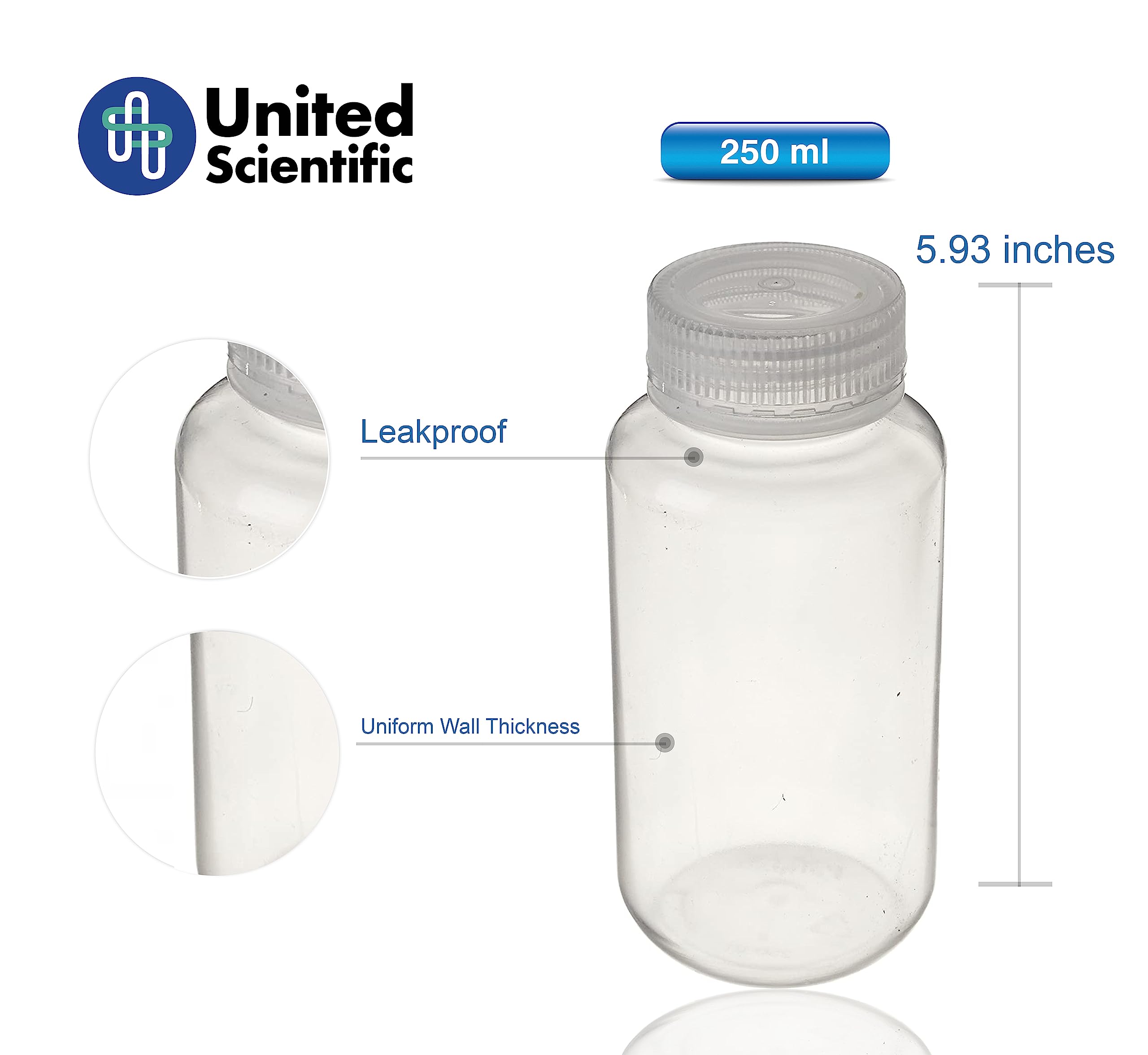 United Scientific® Unistore™ 33308 | Laboratory Grade Polypropylene Wide Mouth Reagent Bottle | Designed for Laboratories, Classrooms, or Storage at Home | 250ml (8oz) Capacity | Pack of 12