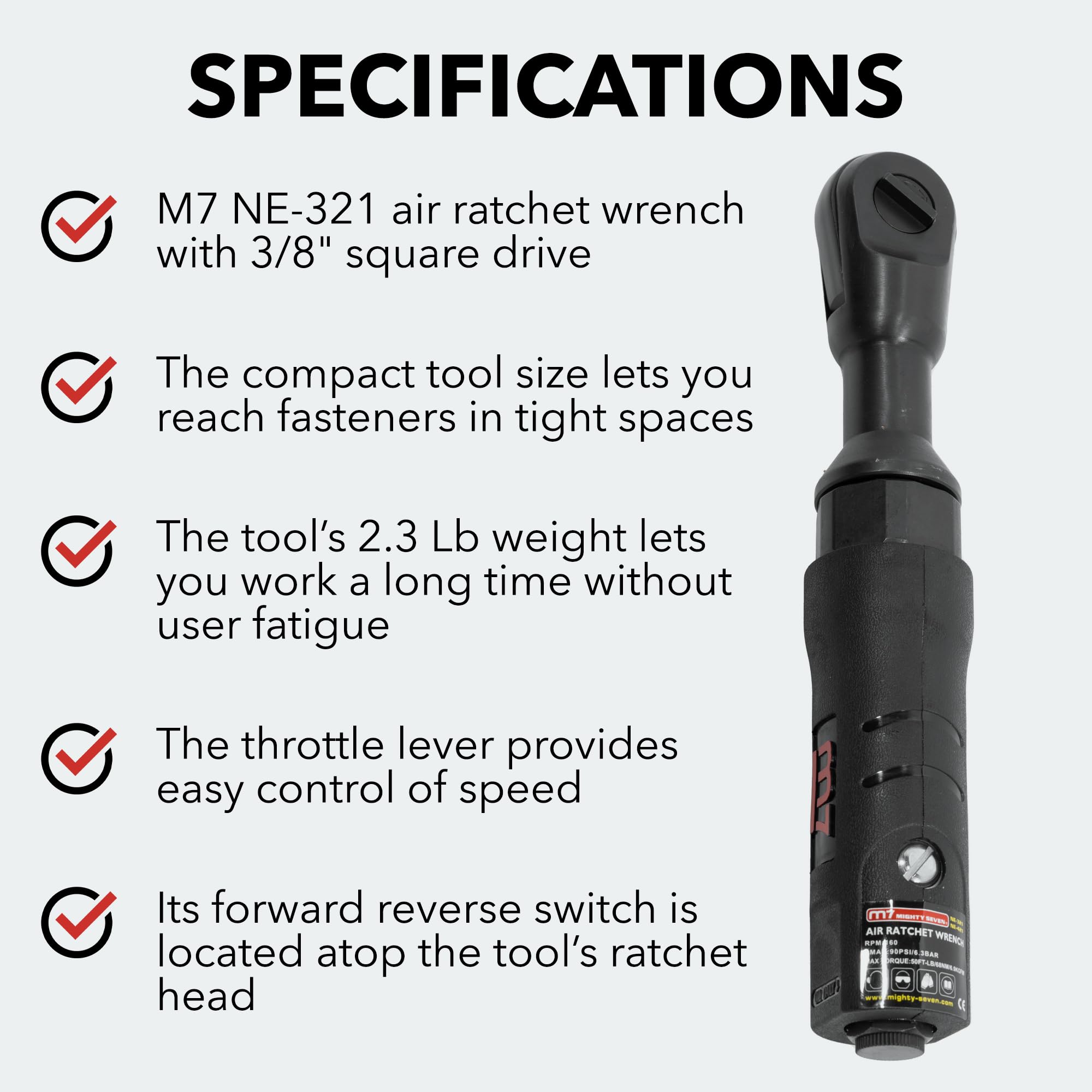 M7 NE-321 3/8-inch Pneumatic Ratchet Wrench, Compact and Lightweight 3/8 Torque Wrench for Auto Repair, Mechanic Tool with 69 ft-lb Maximum Reverse Torque, Ergonomic Air Tool with High Performance