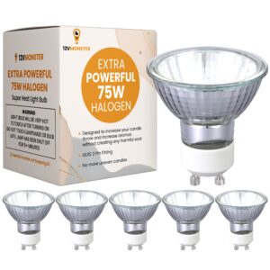 12vmonster gu10 halogen heat spot light bulb 6 pack 120v 75 watt twist np5 fitting candle warmer replacement high intensity heat dimmable wax burner bathroom 75w heating scented melts