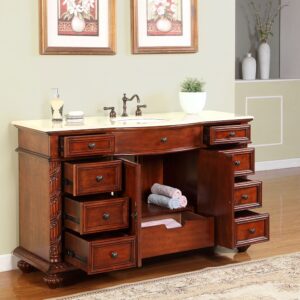 Silkroad Exclusive FS-0268-CM-UWC-60 Creamy Marble Stone Single Sink Bathroom Vanity with Furniture Cabinet, 60", Medium Wood