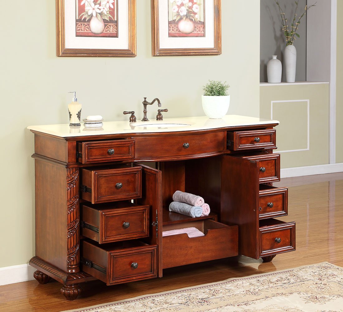 Silkroad Exclusive FS-0268-CM-UWC-60 Creamy Marble Stone Single Sink Bathroom Vanity with Furniture Cabinet, 60", Medium Wood