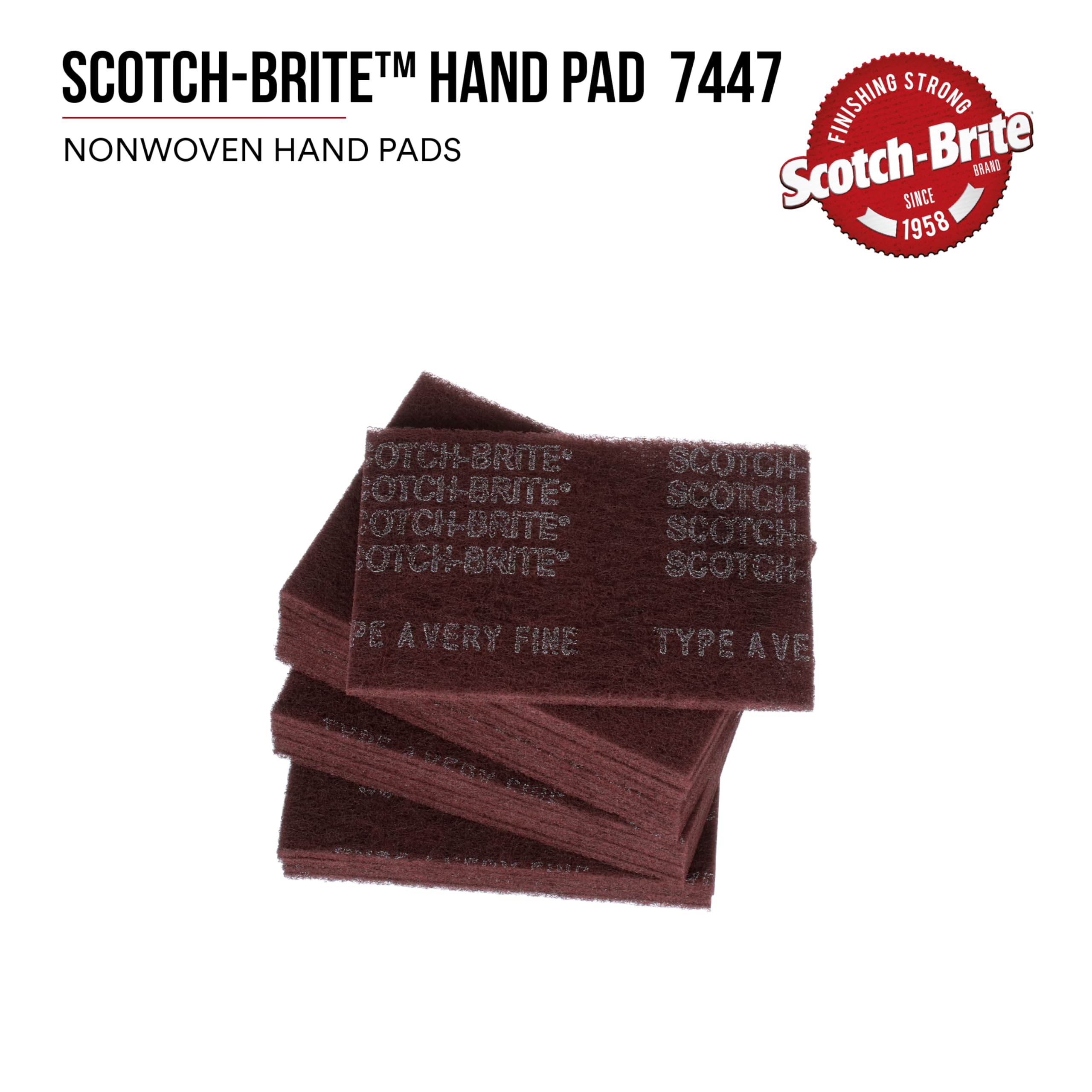 3M Scotch-Brite General Purpose 7447B Hand Pad, Very Fine Grade, 6 in x 9 in, Pack of 60, Aluminum Oxide, Surface Preparation, Scuffing, Blending, Cleaning, Maroon