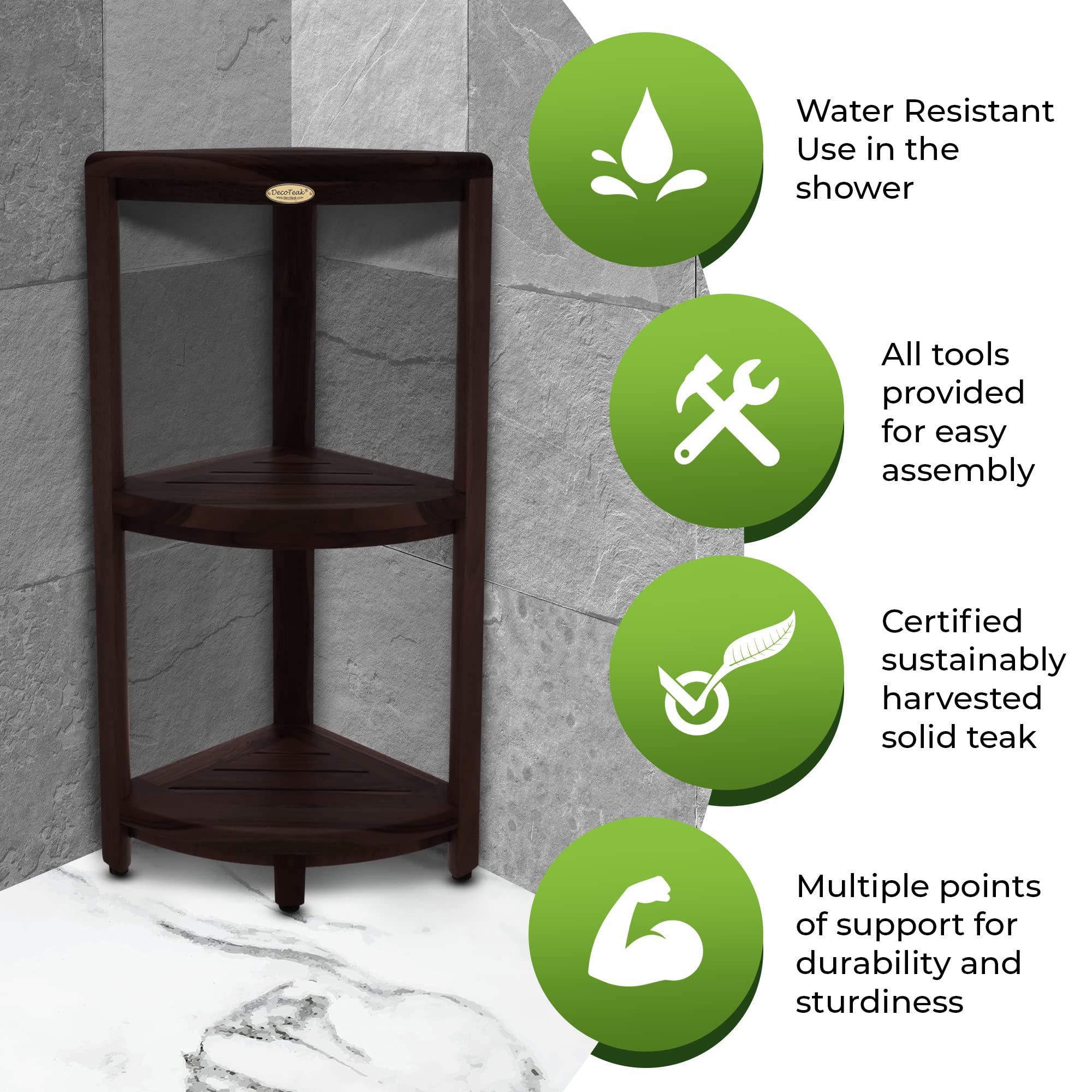 DecoTeak 3, Tier, Teak, Shower Table, Standing Shower, Caddy, Teak Shower Caddy, Shower Organizer Stand, Teak Shelf, Teak Shower Shelf, Teak Shelf, Brown