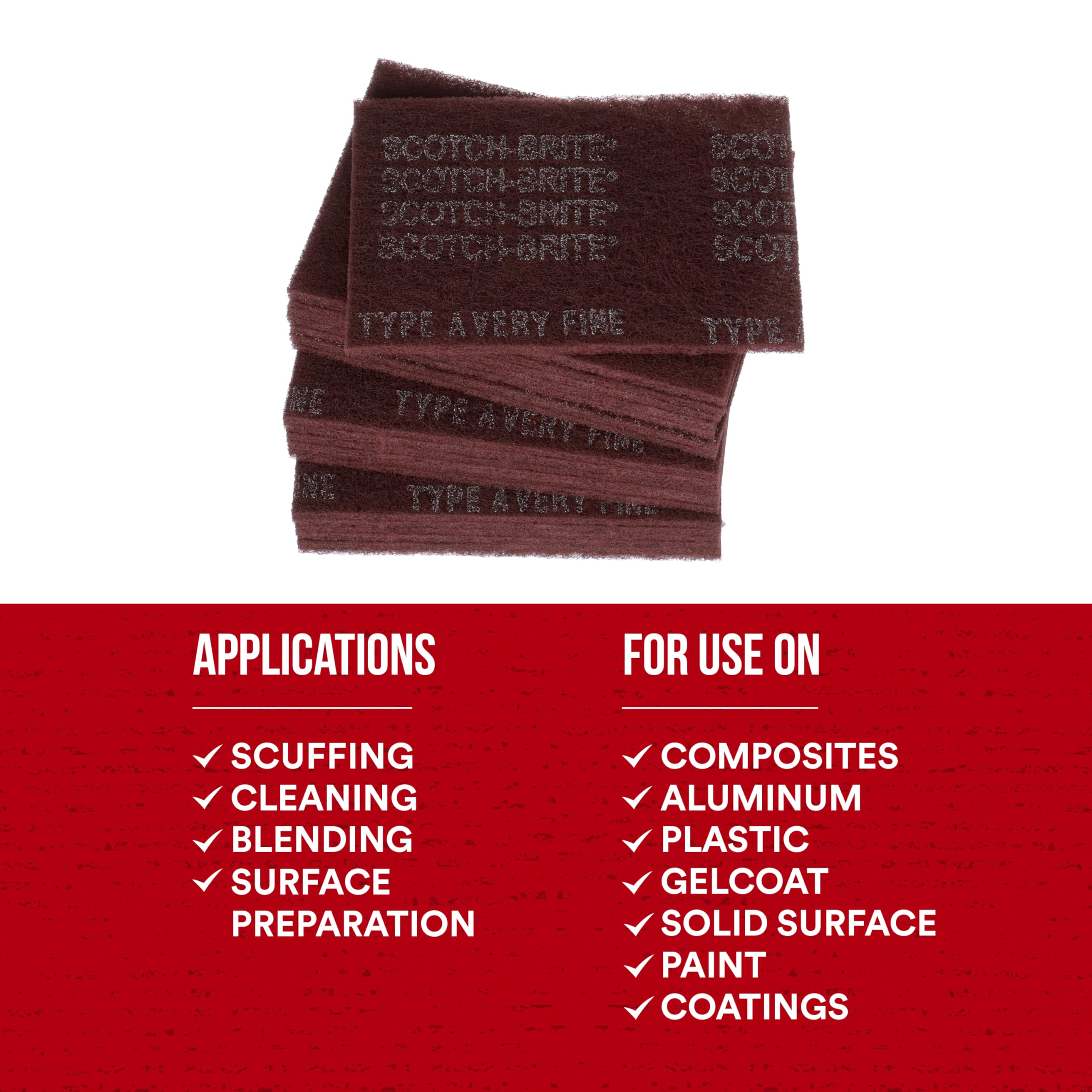 3M Scotch-Brite General Purpose 7447B Hand Pad, Very Fine Grade, 6 in x 9 in, Pack of 60, Aluminum Oxide, Surface Preparation, Scuffing, Blending, Cleaning, Maroon