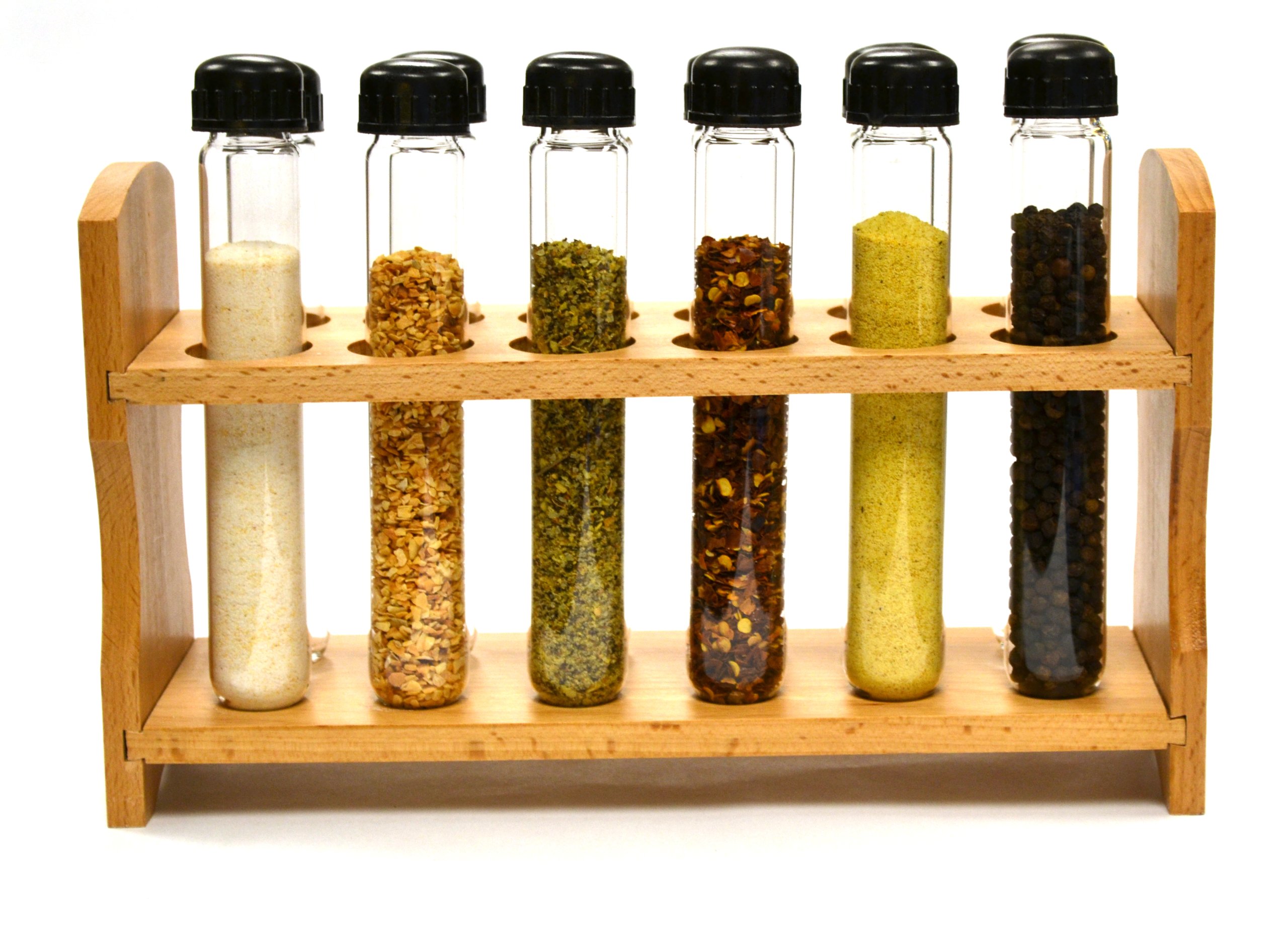 hBARSCI Hand Made Test Tube Spice Rack, Wooden Rack with 12 Borosilicate Glass Test Tubes (6" Long, 1" Dia.) with Caps and Funnel