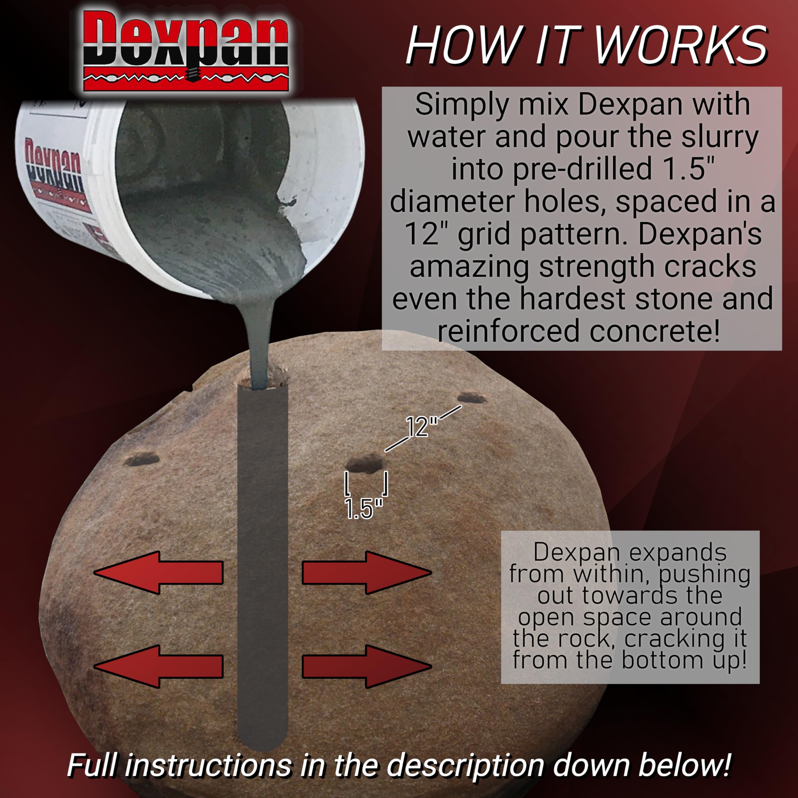 Dexpan Expansive Demolition Grout 44 Lb. Bucket for Rock Breaking, Concrete Cutting, Excavating. Alternative to Demolition Jack Hammer Breaker, Jackhammer, Concrete Saw, Rock Drill (DEXPAN44BKT2) (50F