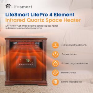 LifeSmart LifePro 1500W Portable Electric Infrared Quartz Space Heater for Indoor Use with 4 Heating Elements and Remote Control, Brown Oak Wood