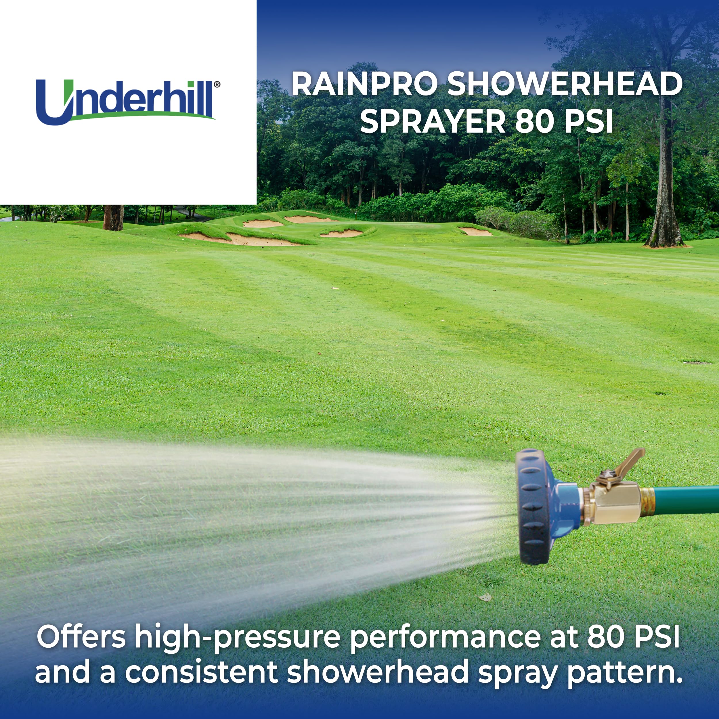 Underhill RainPro Showerhead Garden Water Hose Nozzle Sprayer, 40 GPM 80 PSI, 3/4-Inch Thread Inlet, High Pressure Attachment, Heavy-Duty, SHN-75