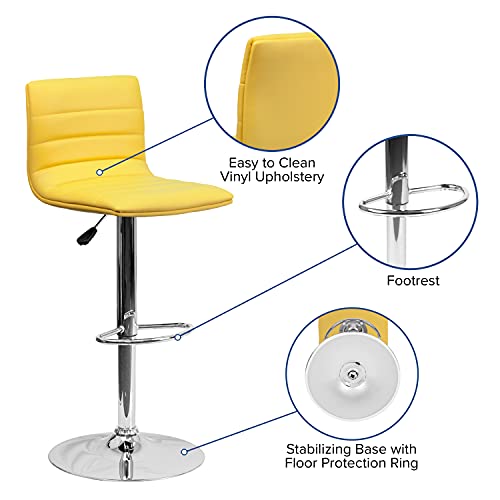 Flash Furniture Vincent Modern Yellow Vinyl Adjustable Bar Stool with Back, Swivel Stool with Chrome Pedestal Base and Footrest