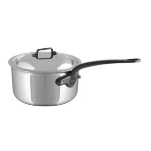 mauviel m'cook ci 5-ply polished stainless steel sauce pan with lid, and cast iron handles, 2.6-qt, made in france